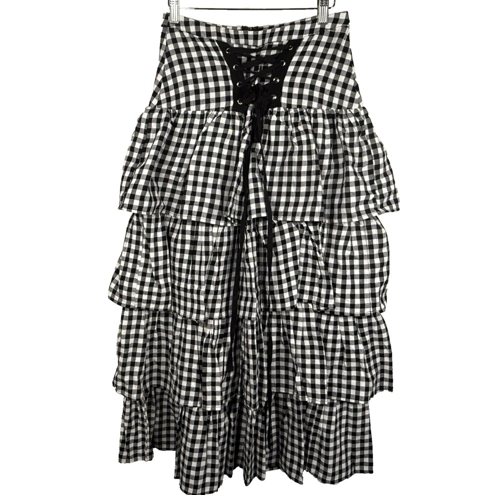 Thorn & Fable Gingham Tiered Midi Skirt Black White Lace Up Prairie Core Sz